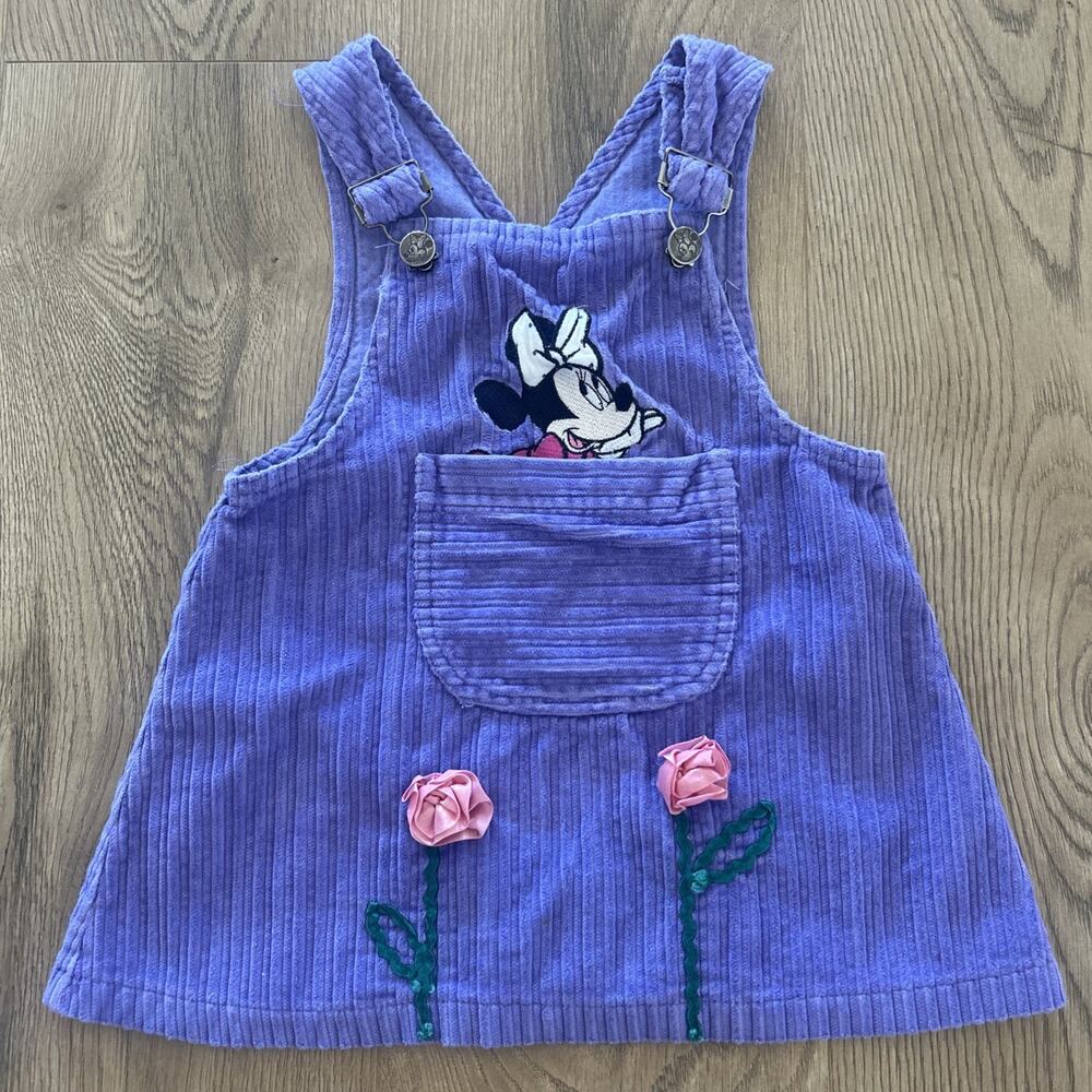 Vintage 3T Minnie Mouse Purple Corduroy Girls Romper Dress Flowers Pocket - Picture 1 of 15